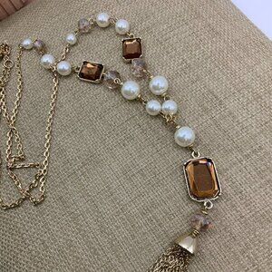 Ann Taylor Faux Pearl Amber Beaded Tassel Gold Tone Y Necklace